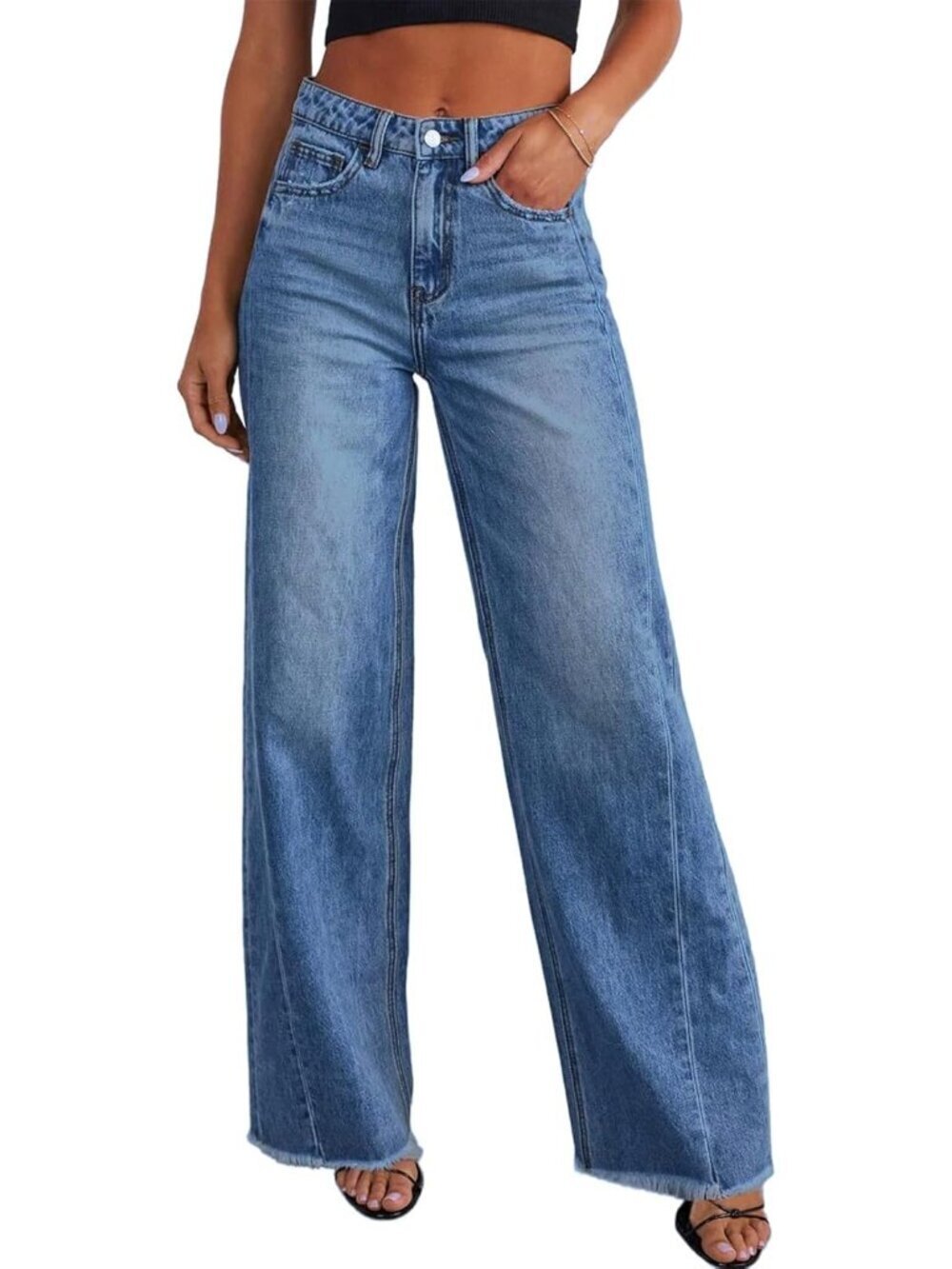 Effortless Women's Wide Leg Jeans - High Rise, Raw Hem, Casual Blue Style